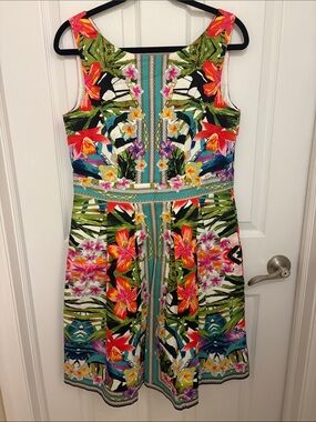 Maggy London Tropical Floral Midi Dress in Pink, Orange, Green and Blue